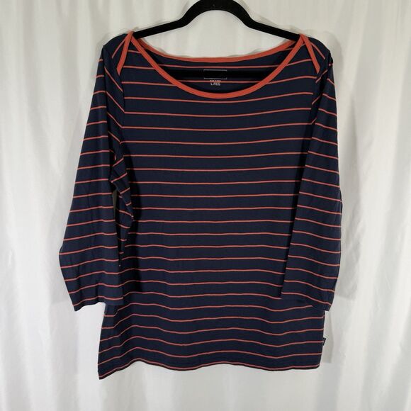 LL Bean Blouse Women's Large Blue Red Striped Round Neck 3/4 Sleeve Cotton - Picture 1 of 10